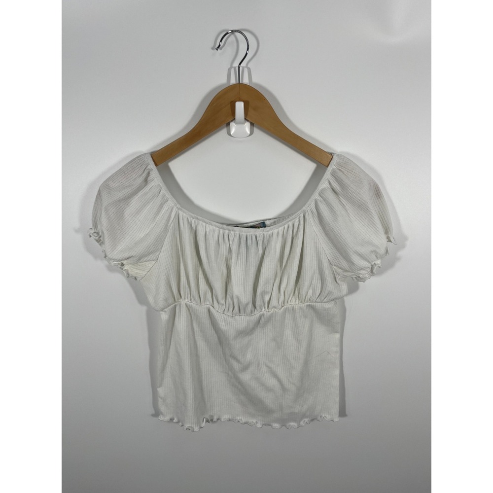 Womens Babydoll Top M White Cottage Coastal Boho Puff Sleeve Neutral Minimalist